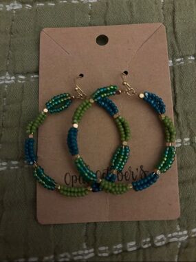 Beaded Blue & Green Hoop Earrings by